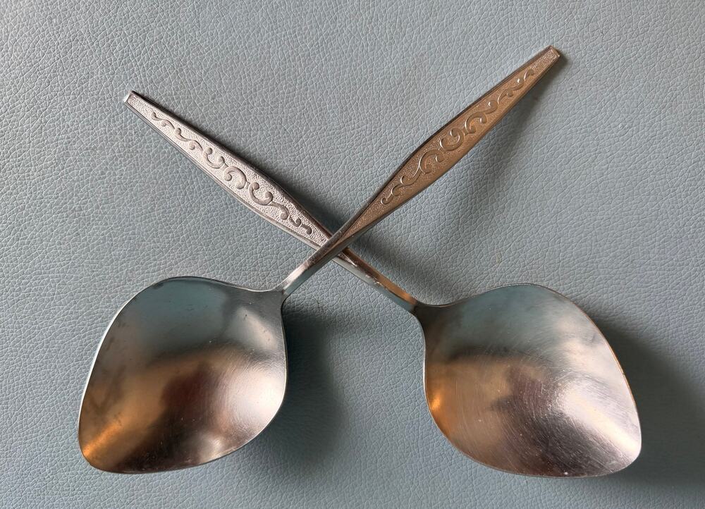 Vintage Oneida Northland Korea Stainless Serving Spoons Pair LeafBowl Scroll MCM